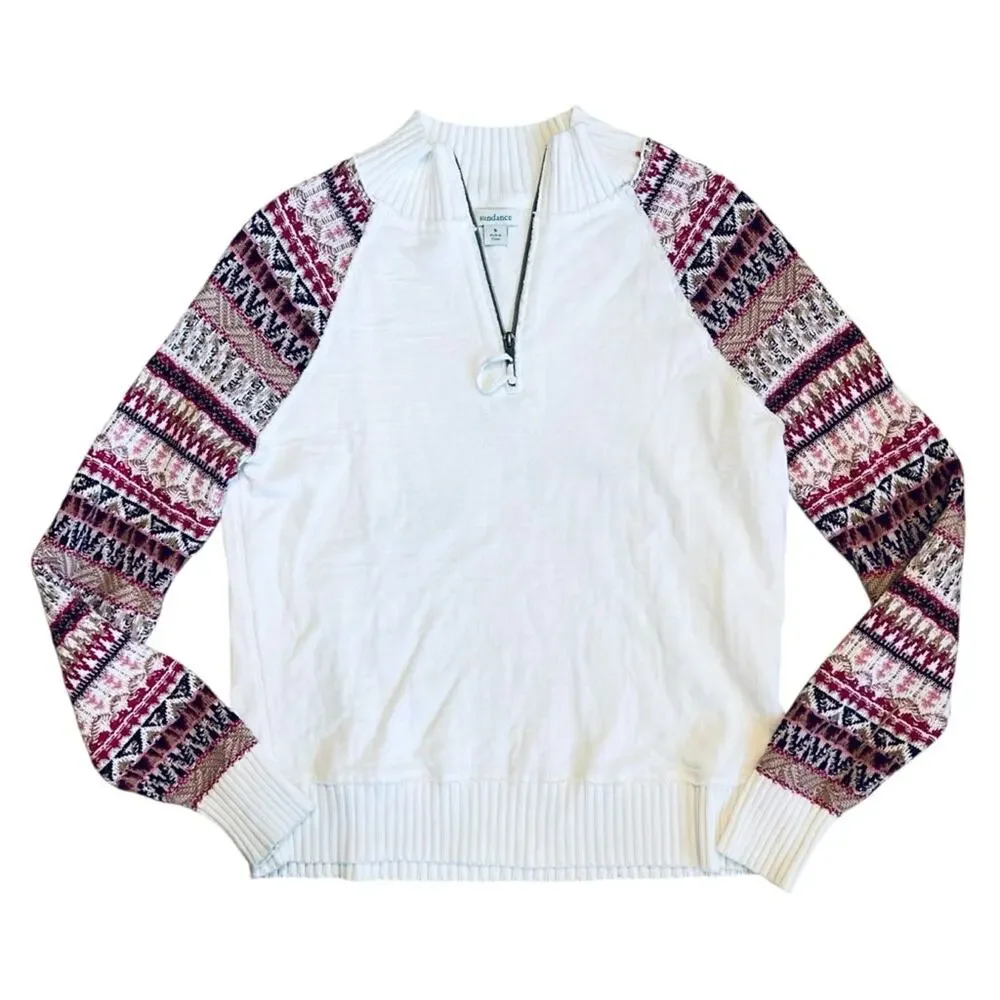Sundance Women’s Sz S White Quarter Zip Sweater Fair Isle Sleeve Knit Cotton
